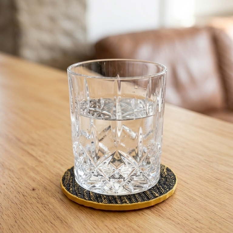 Micrometeorite Coaster with a glass of water